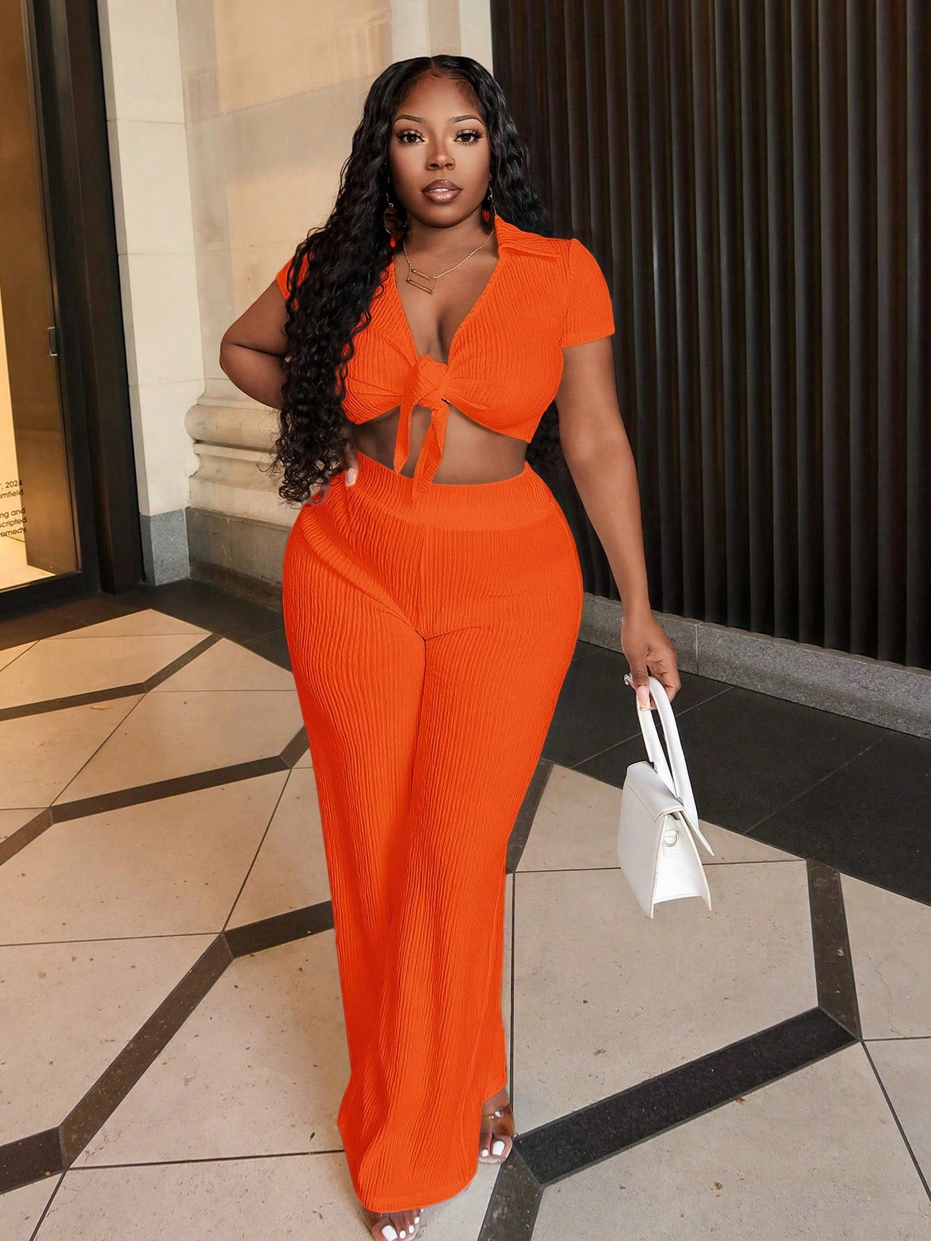Casual White Short Sleeve Lapel V-Neck Tie Front Crop Top  And Straight-Leg Pants Set