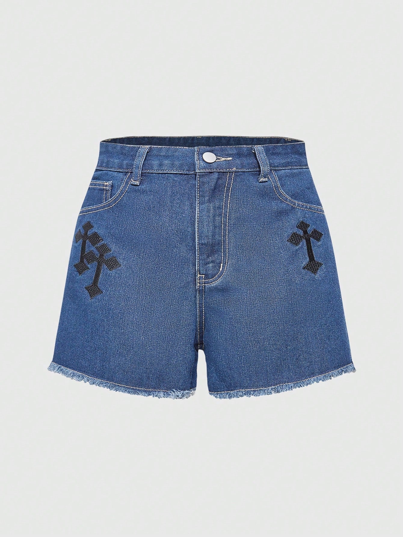 Punk Cross Embroidery Raw Hem Denim Shorts
