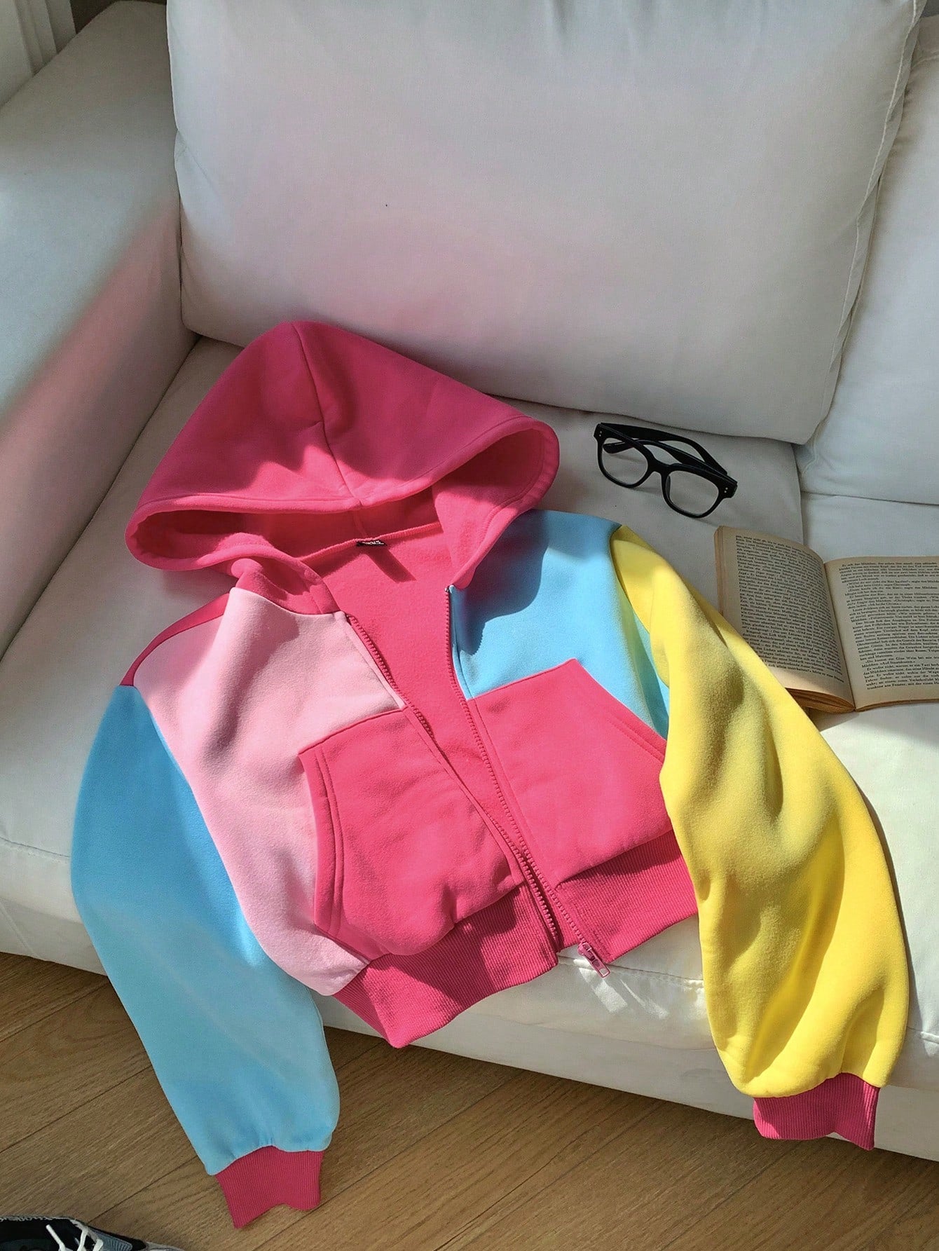 Casual Colorblock Zipper Hooded Cropped Sweatshirt