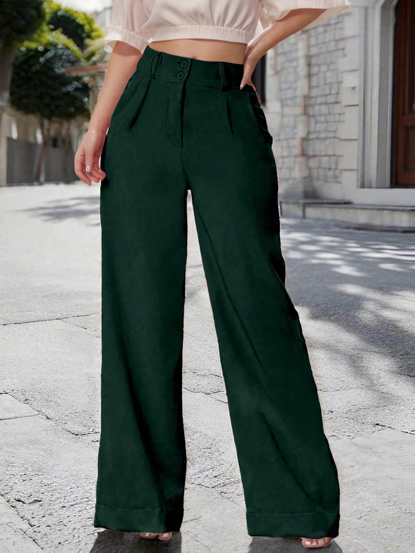 Solid Color Pleated Wide Leg Pants With Diagonal Pockets