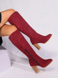 Women's Fashion High Heel Boots, Suede Retro Pointed Toe Chunky Heel Tall Boots, Side Zipper Equestrian Boots, Trendy Women's  Boots For Autumn And Winter