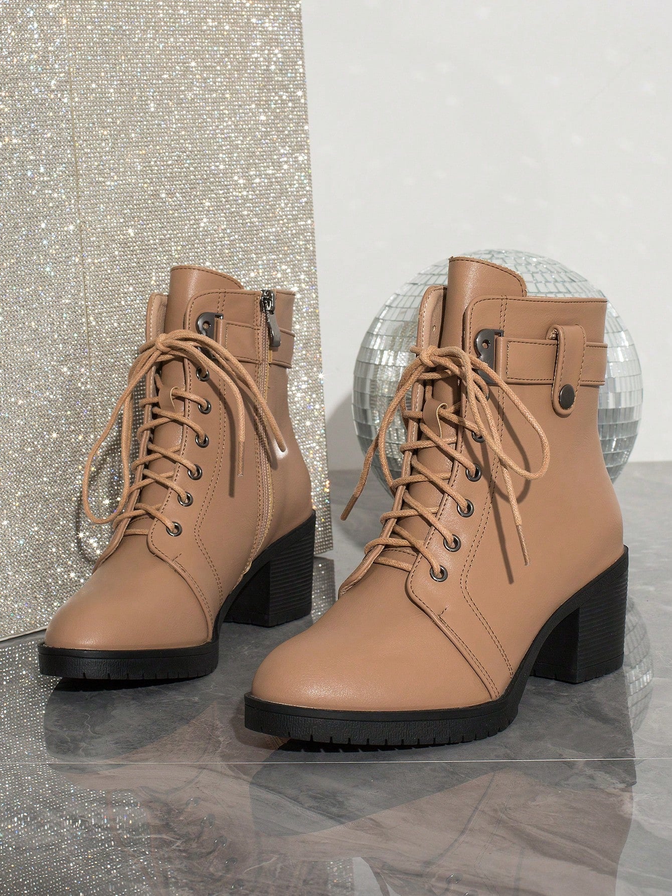 Round Toe Chunky High Heel Anti-Skid Platform, Side Zipper Criss-Cross Lace-Up, Classic Fashion  Boots For Women