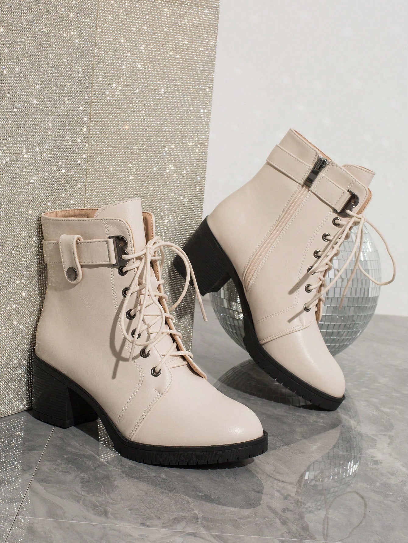 Round Toe Chunky High Heel Anti-Skid Platform, Side Zipper Criss-Cross Lace-Up, Classic Fashion  Boots For Women