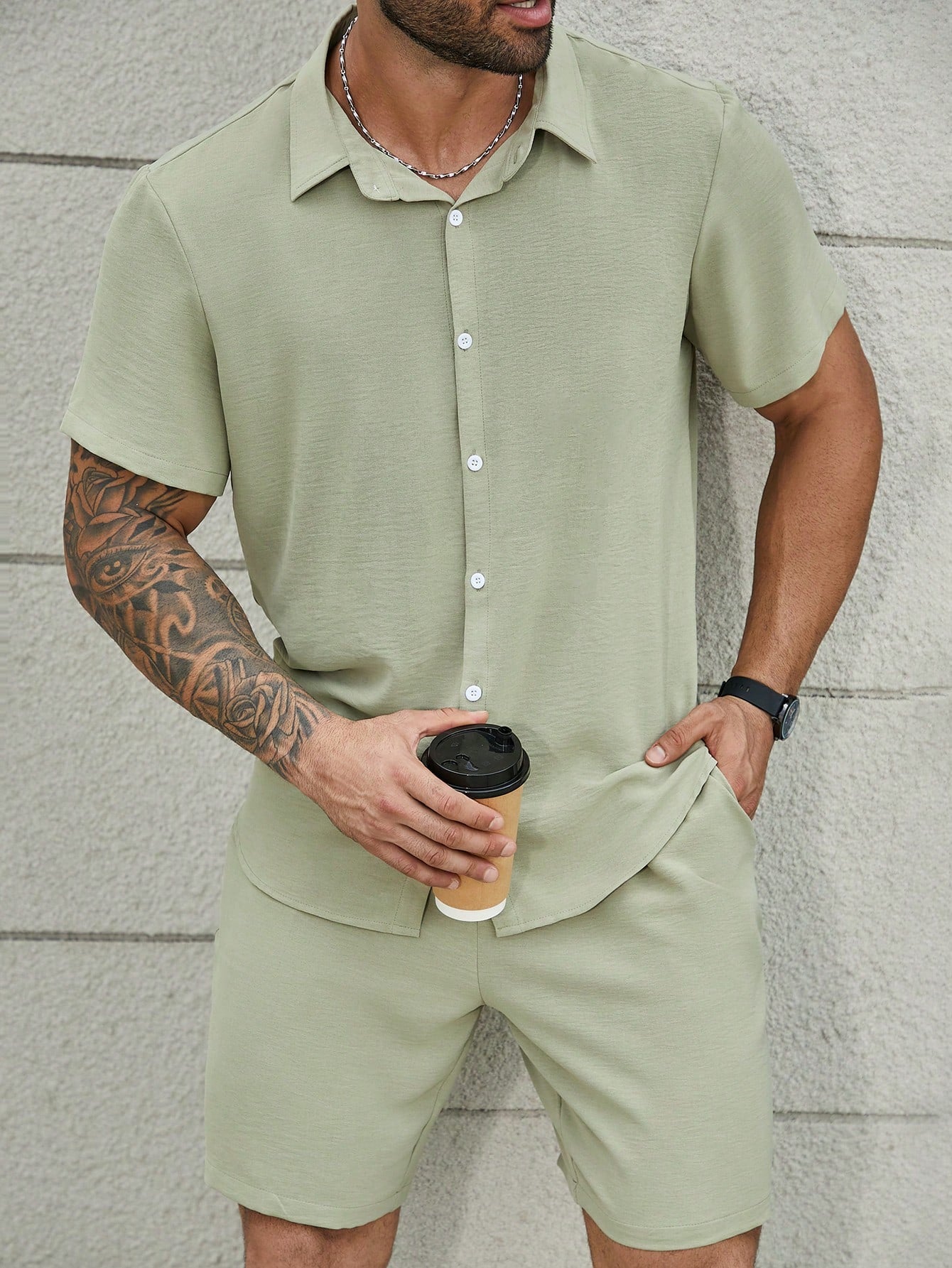 Men's Plus Size Summer Solid Color Short Sleeve Shirt And Shorts Casual Loose 2pcs Set