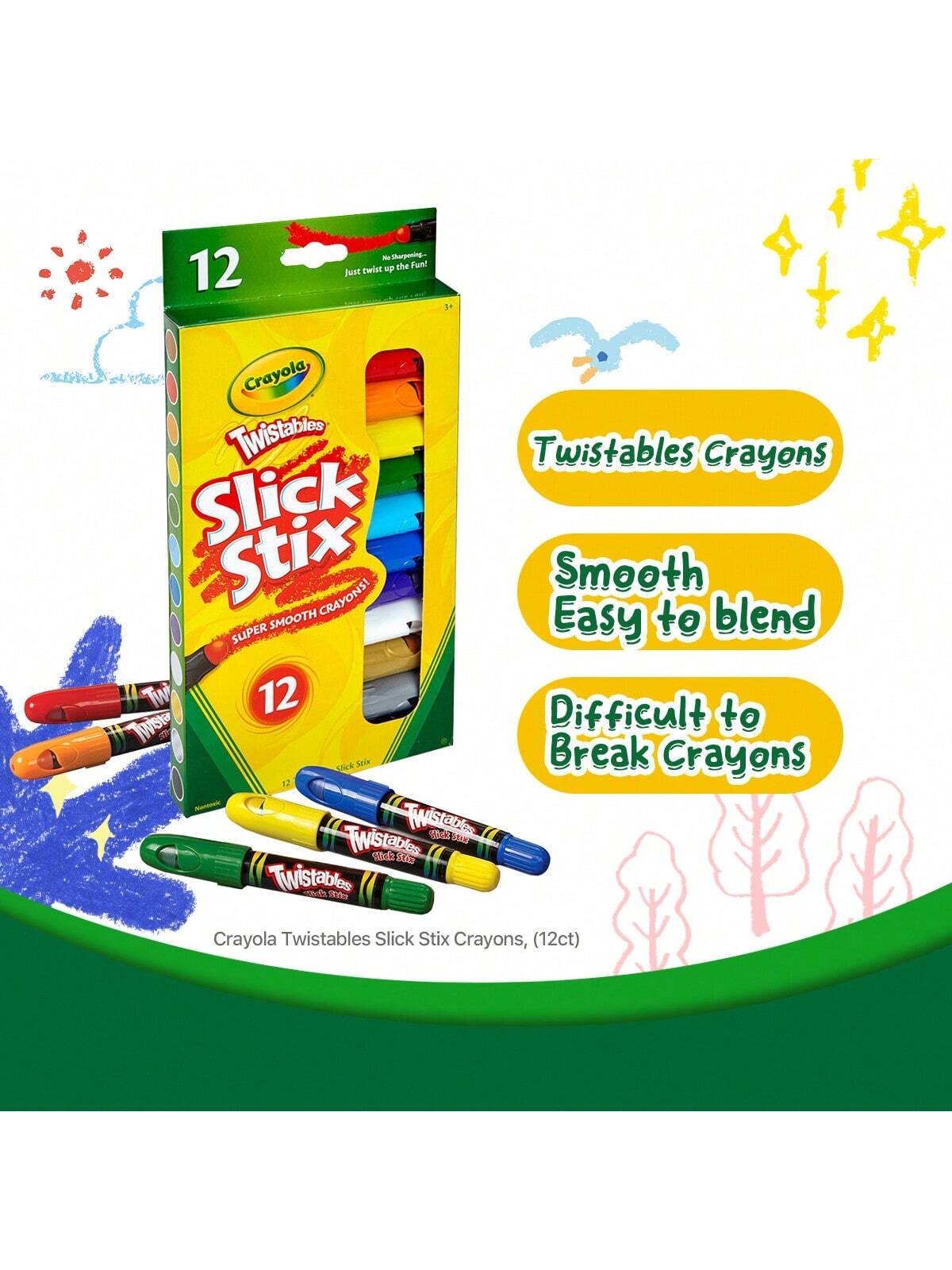 Crayola Twistables Slick Stix Crayons, 12 Count, Oil Pastel Alternative, Ages 3 & Up, Assorted,Kids Art Supplies For Back To School, Coloring Set, Toddler Crayons For Coloring Books