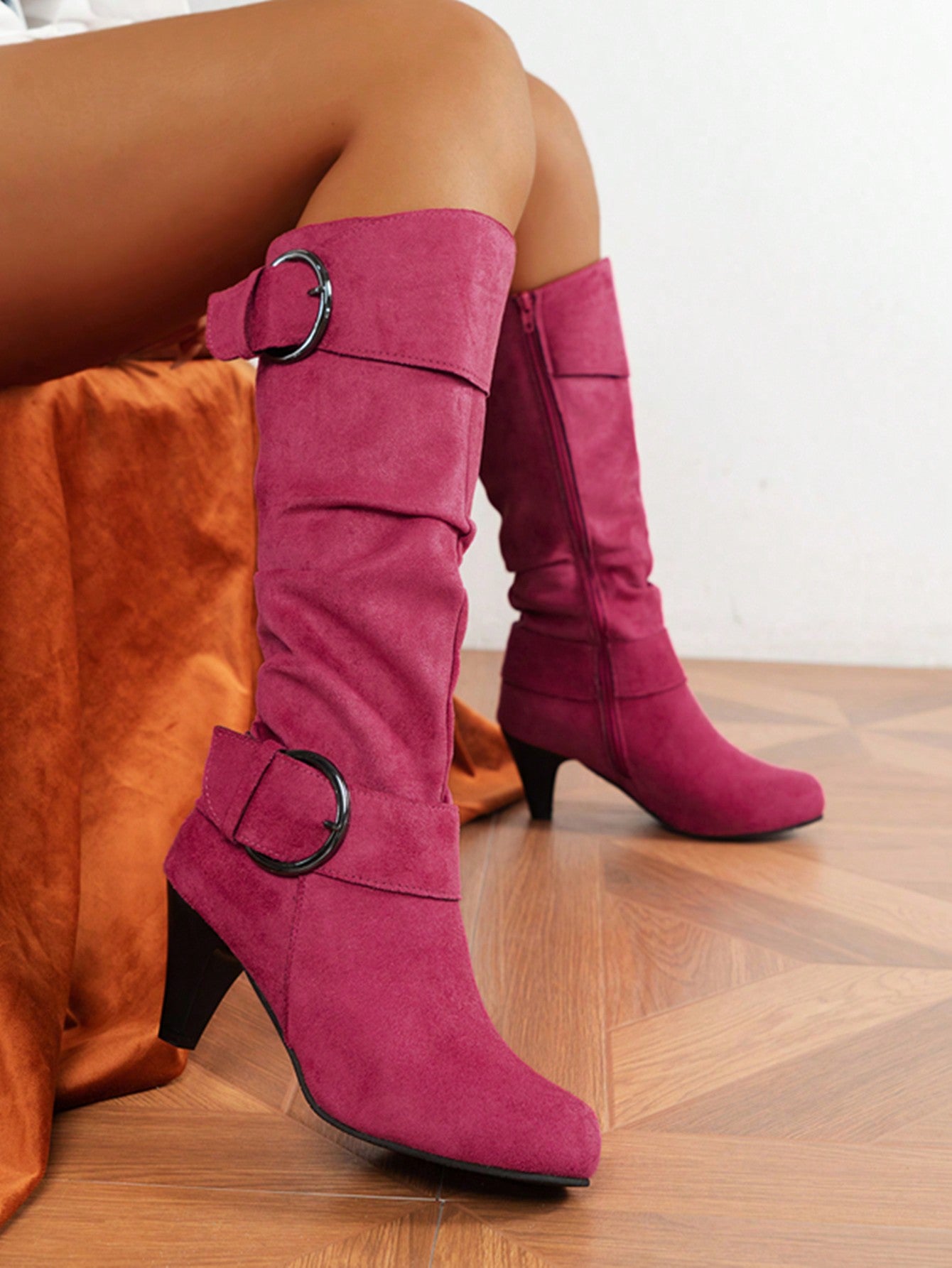 Pointed Toe Thick Heel Stretch Ankle Boots, Mid-Calf High Heels Riding Boots For Women, Stylish Casual Wear