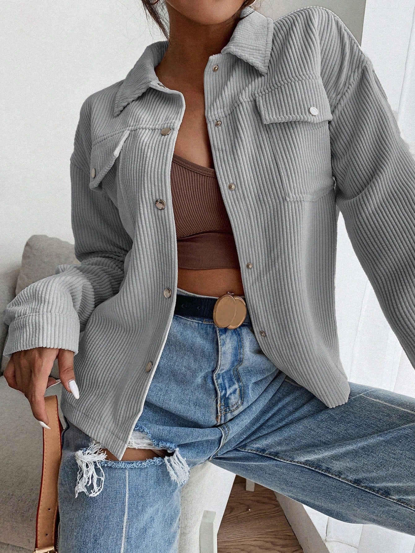 Apricot Flap Pocket Button Front Corduroy Jacket