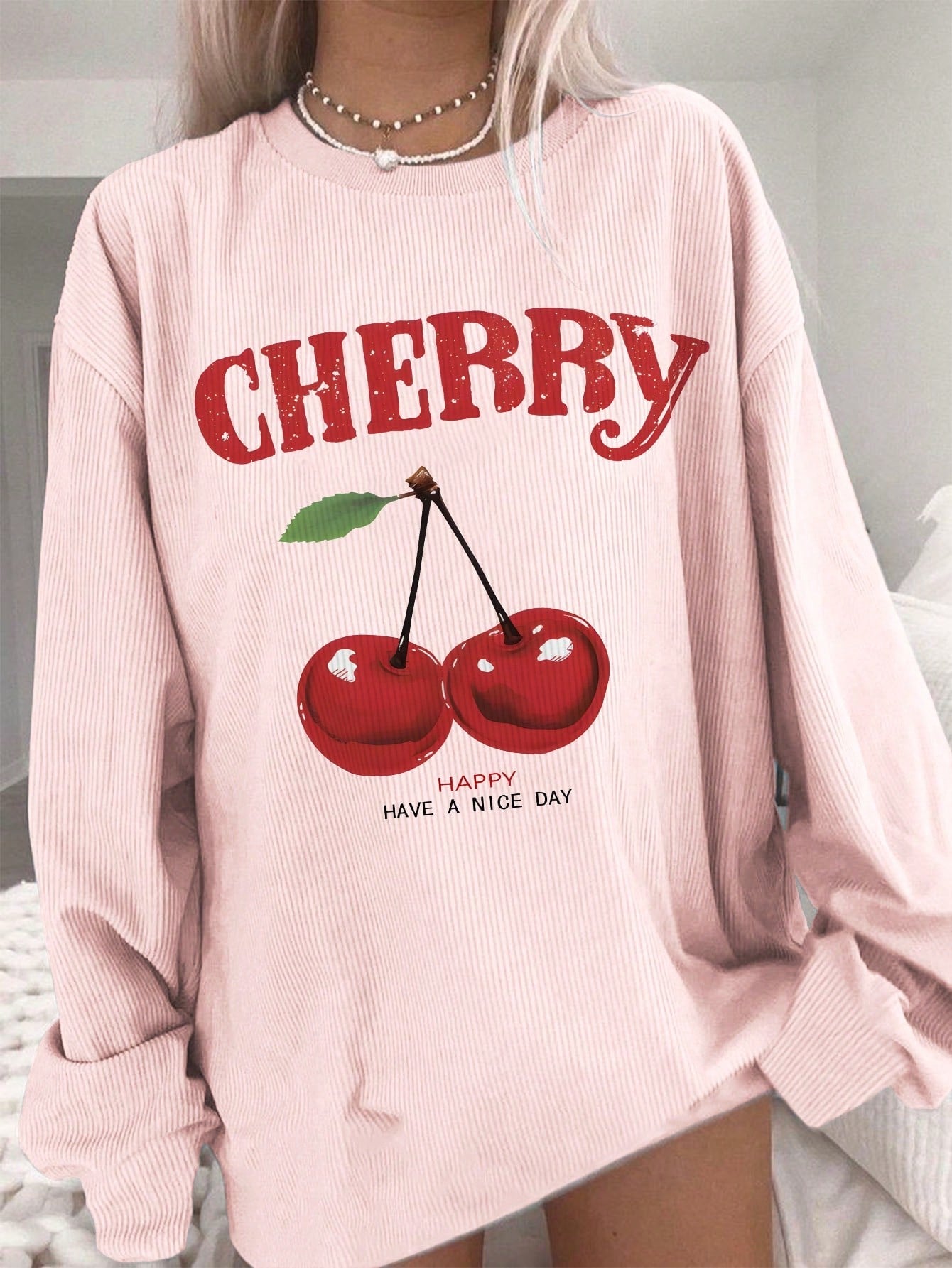 Qutie Cherry & Slogan Graphic Drop Shoulder Corduroy Sweatshirt