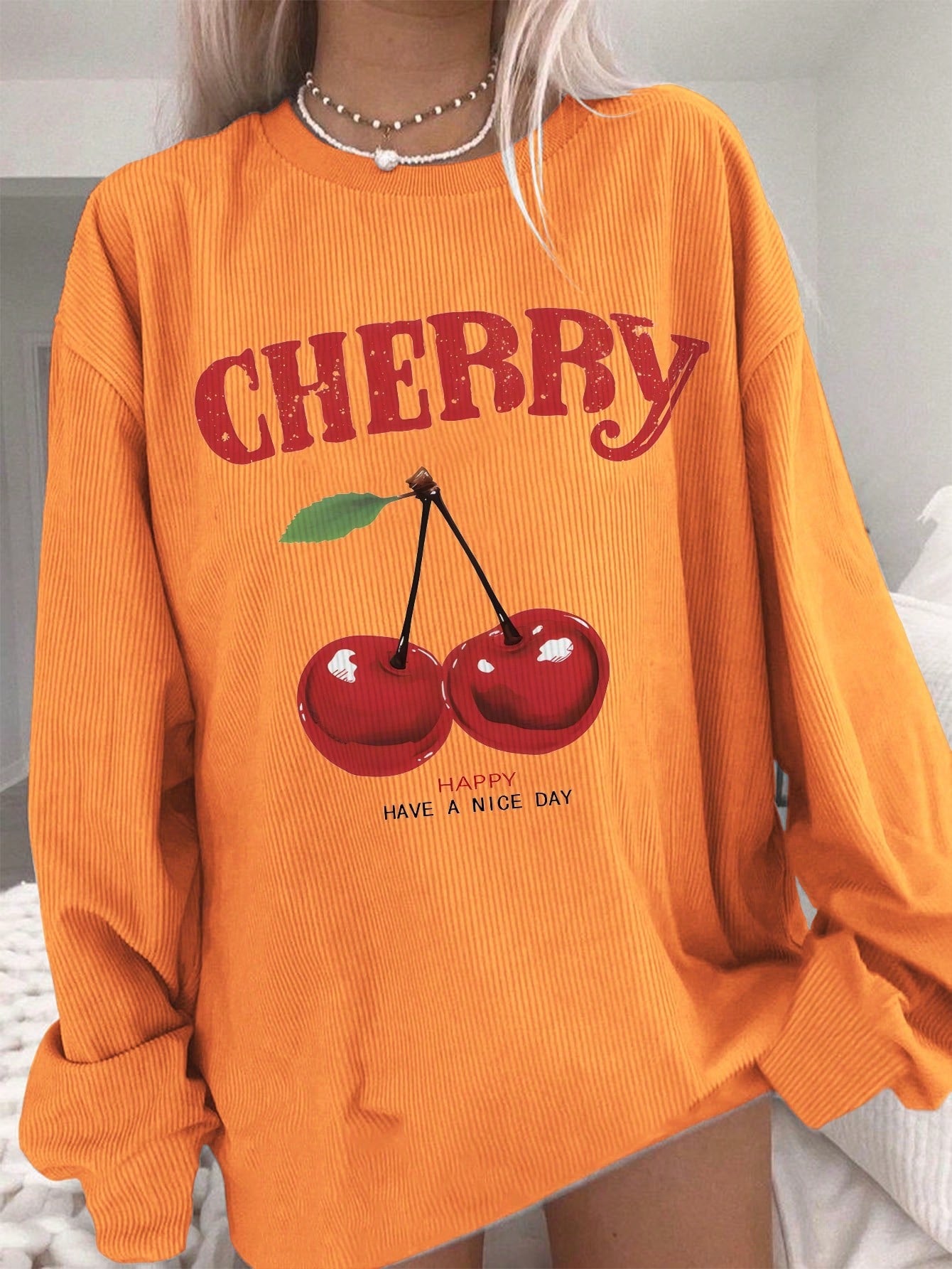 Qutie Cherry & Slogan Graphic Drop Shoulder Corduroy Sweatshirt