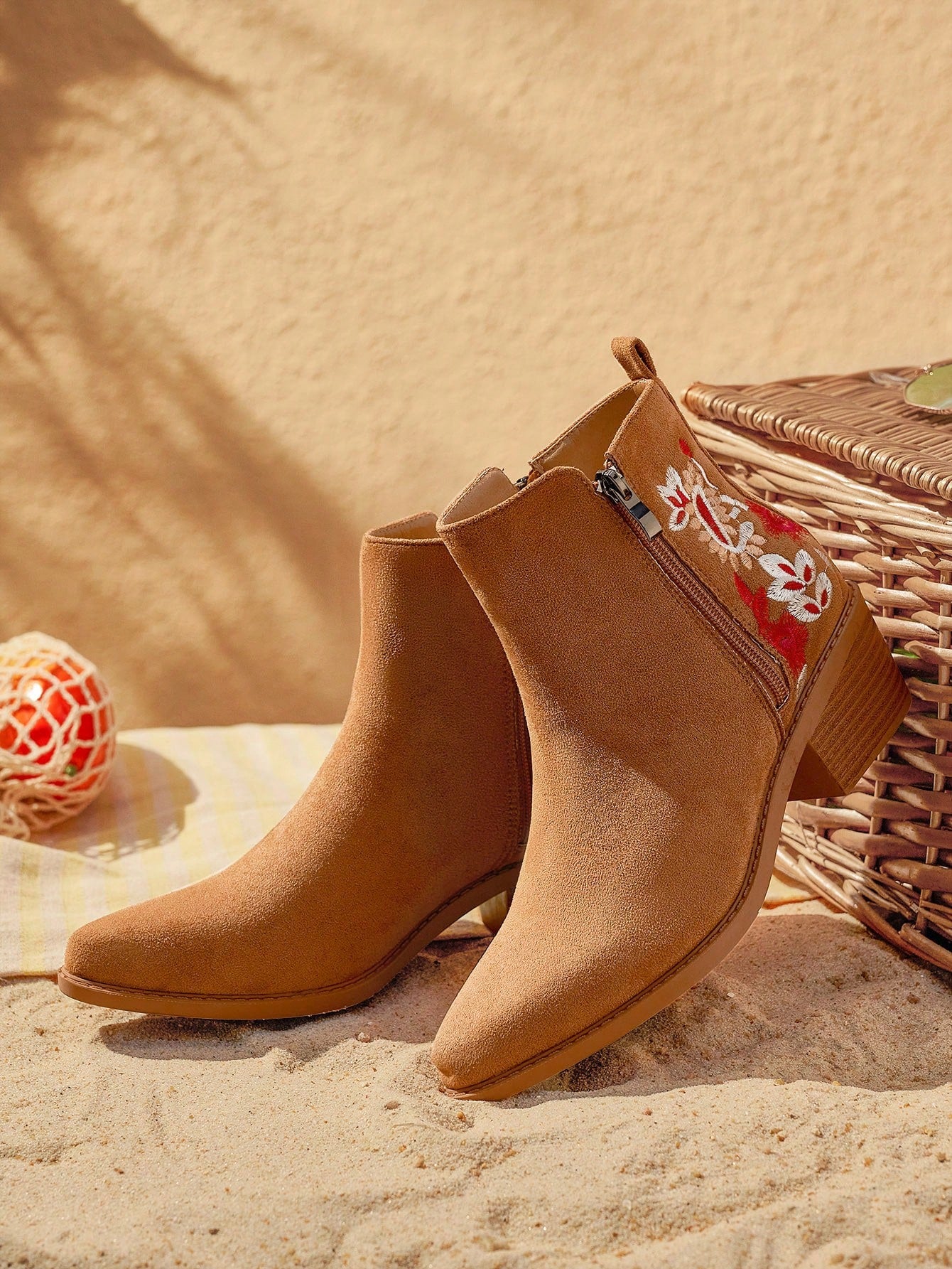 Styleloop Women's Fashionable Western Style Embroidered Apricot Chunky Heel Boots For Summer Vacation Shoes Summer Sale  Boho Feels Vintage Cottagecore Frenchy Shoes Halloween