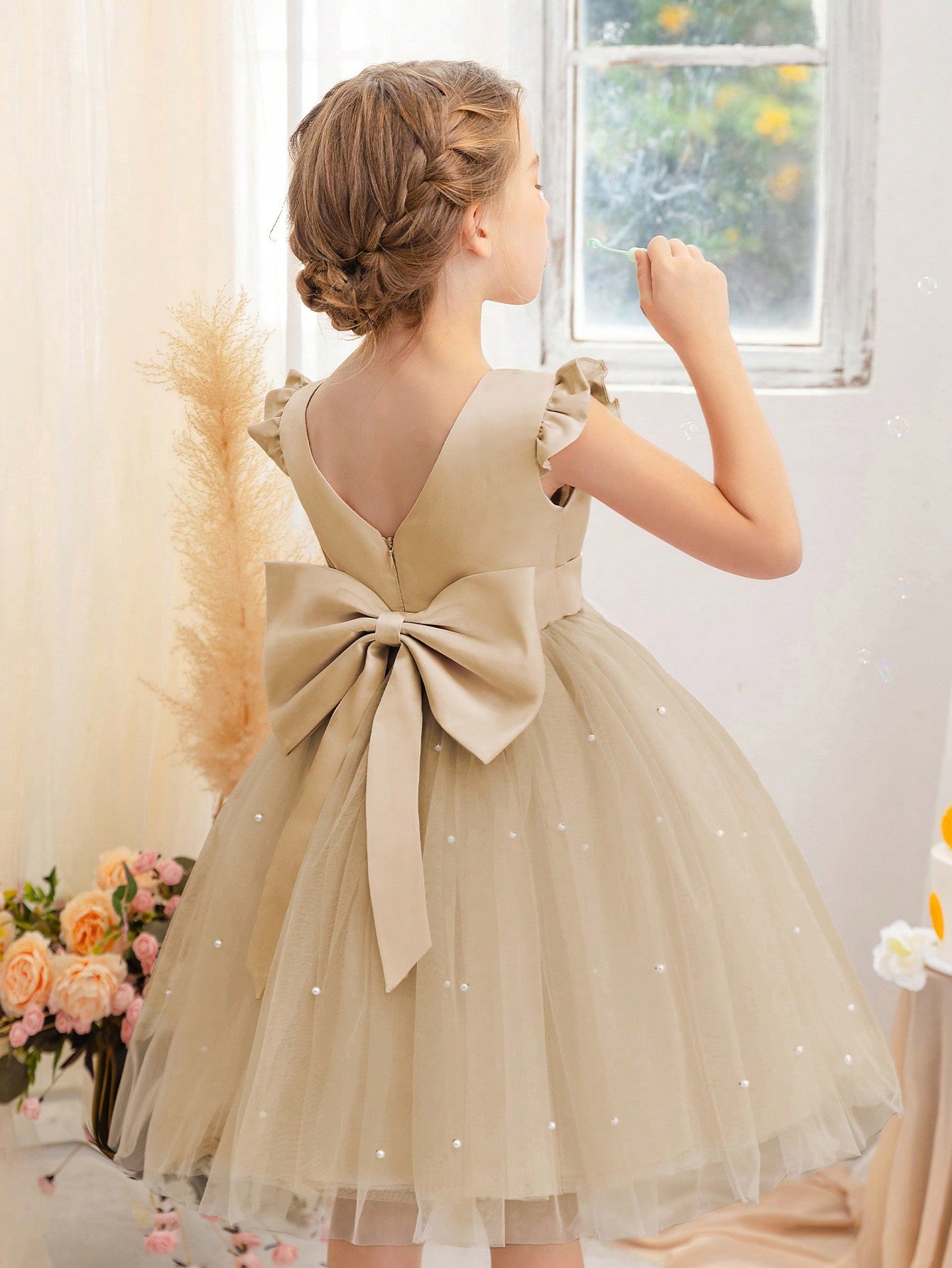 Young Girl Flutter Sleeve Mesh Party Dress, Suitable For Birthday Party, Dance Party, Casual Wear, Instrumental Performance, Stage Performance, Etc.