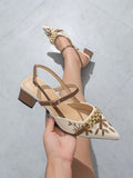 Women's Metal Buckle Chain Decoration Retro Old Flower Embroidery Design Pointed Closed Toe Kitten Heel Back Strap Thick High Heels Elegant And Comfortable Festival Celebration Party Date Shopping Daily Wear Spring Summer Autumn Winter Brown Thick Heel Sh