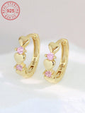 1 Pair Of 925 Sterling Silver Hypoallergenic Heart-Shaped Hoop Earrings, Inlaid With Pink Cubic Zirconia Stones, Delicate & Petite, Packaged In Gift Box With Greeting Card - Perfect Gift For Kids, Young Women, Or Friends Birthday