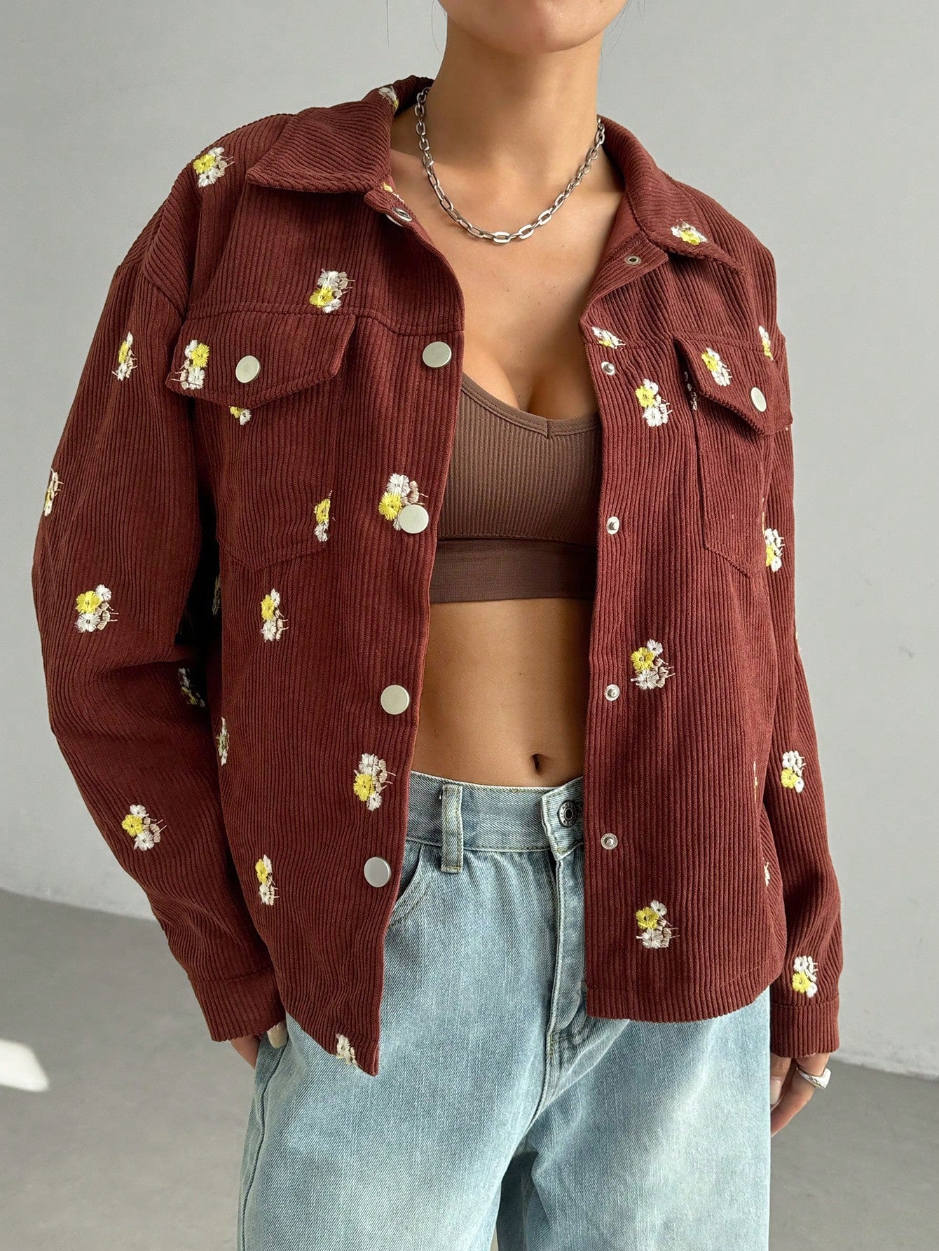 Apricot Flap Pocket Button Front Corduroy Jacket