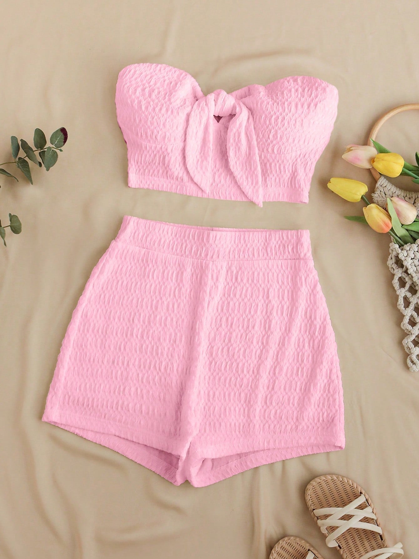 Summer Solid Texture Bandeau Top And High-Waisted Shorts Casual Vacation Two Piece Set