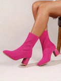 Women's Mid-Calf Boots, Square Toe Block Heel Martain Boots, New Burgundy Booties, High Heel Western Style Short Knitted Boots For Women In Autumn Winter