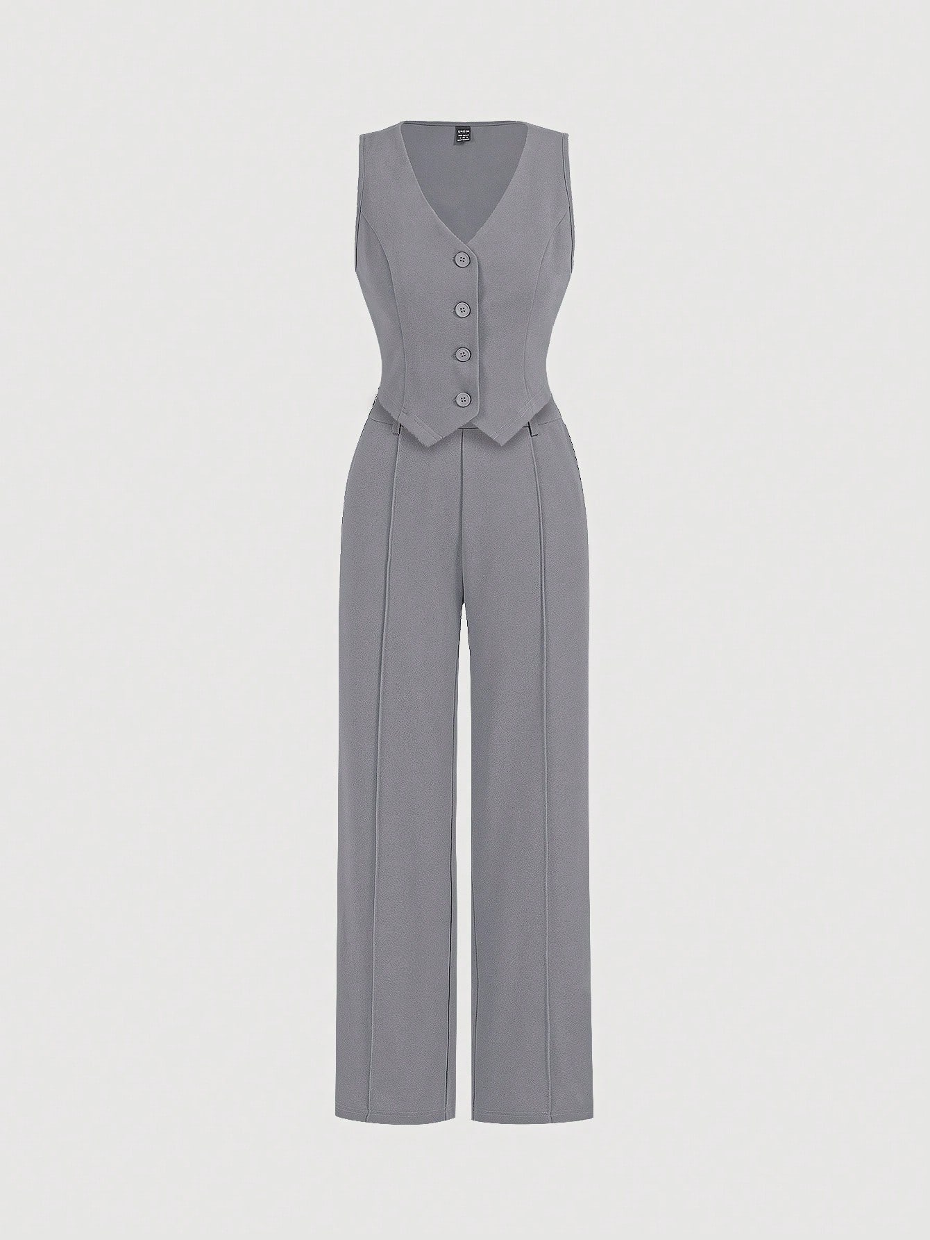 Black Date Night Front Buckle V-Shaped Hem Solid Button Front Vest Jacket & Seam Front Pants Two Piece Set