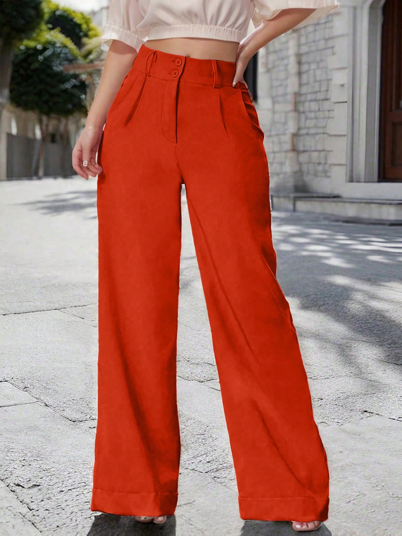 Solid Color Pleated Wide Leg Pants With Diagonal Pockets