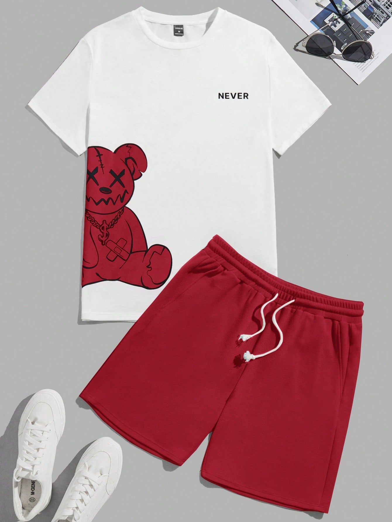 Bear Print T-Shirt And Shorts Knitting Casual Two-Piece Set