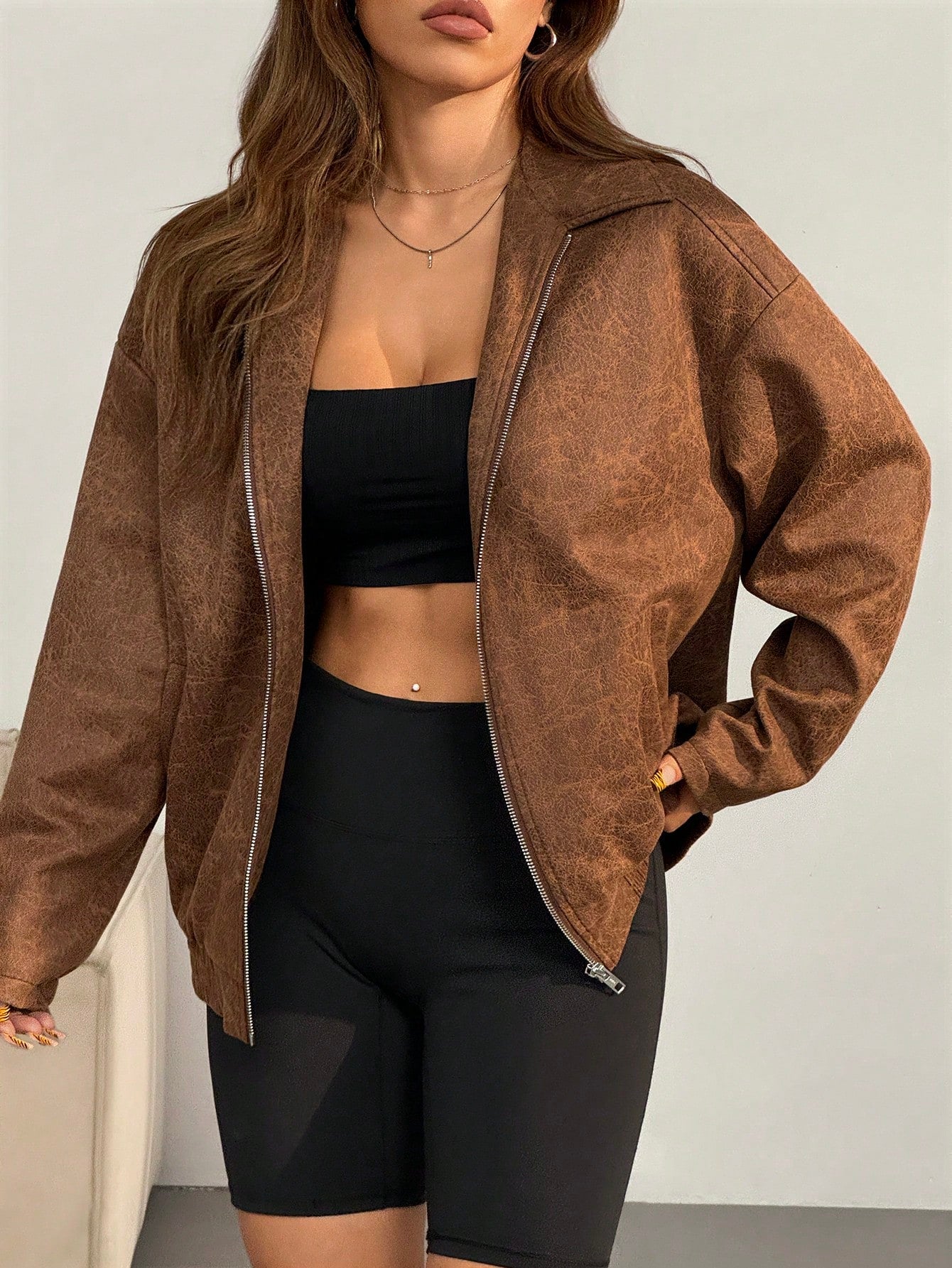 Casual Off-Shoulder Zipped PU Leather Coat