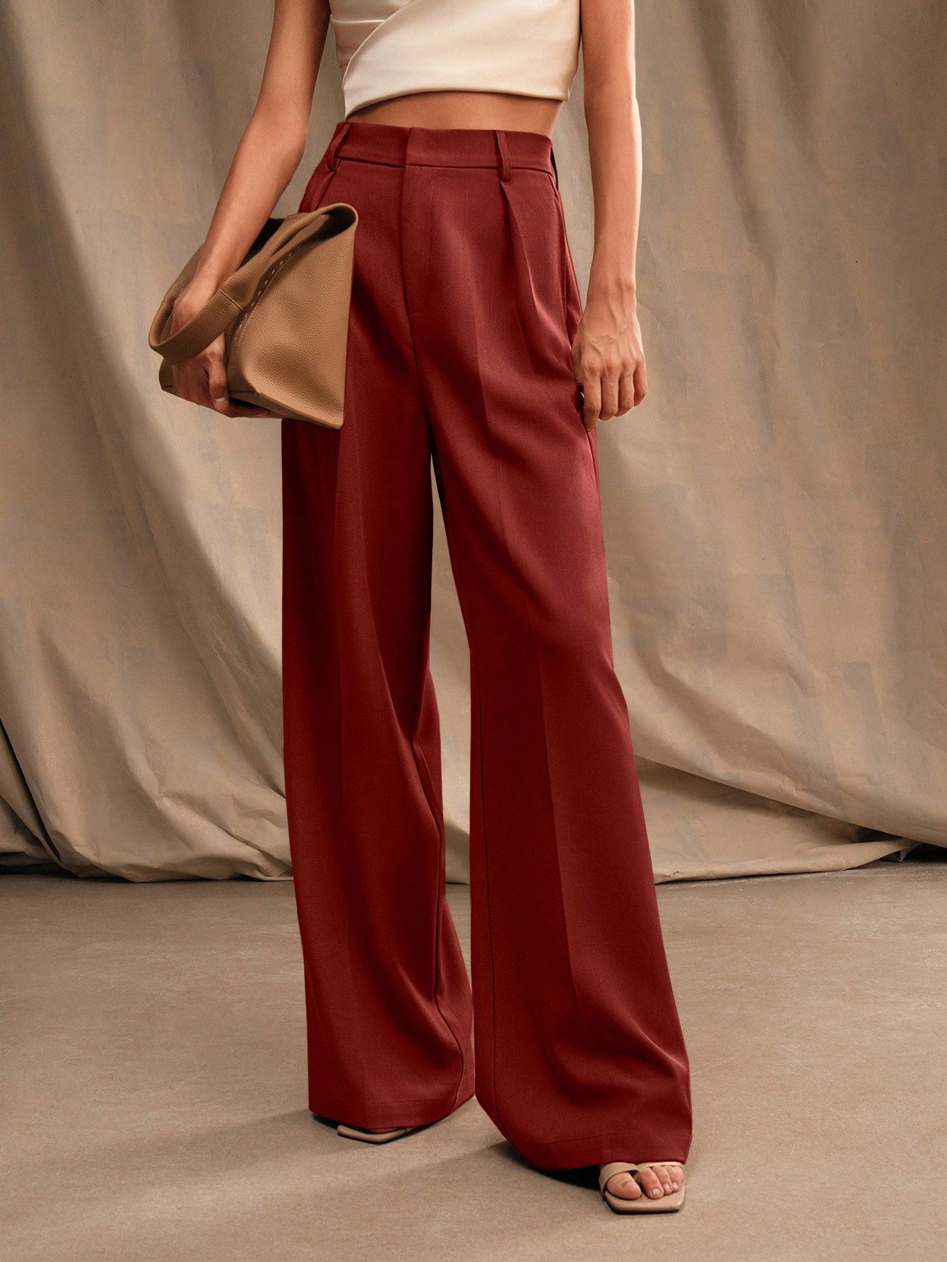 Anewsta Casual Straight High Waist Solid Color Trousers