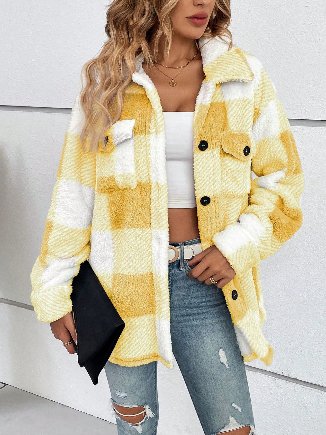 Buffalo Plaid Print Drop Shoulder Flap Pocket Fuzzy Coat