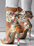 Floral Print Satin Ribbon Tie High Heels, Fashionable Pointed Toe Bow Element Lace Up Thin High Heel Sandals, Party Formal Dress Shoes, Wedding Ceremony Shoes