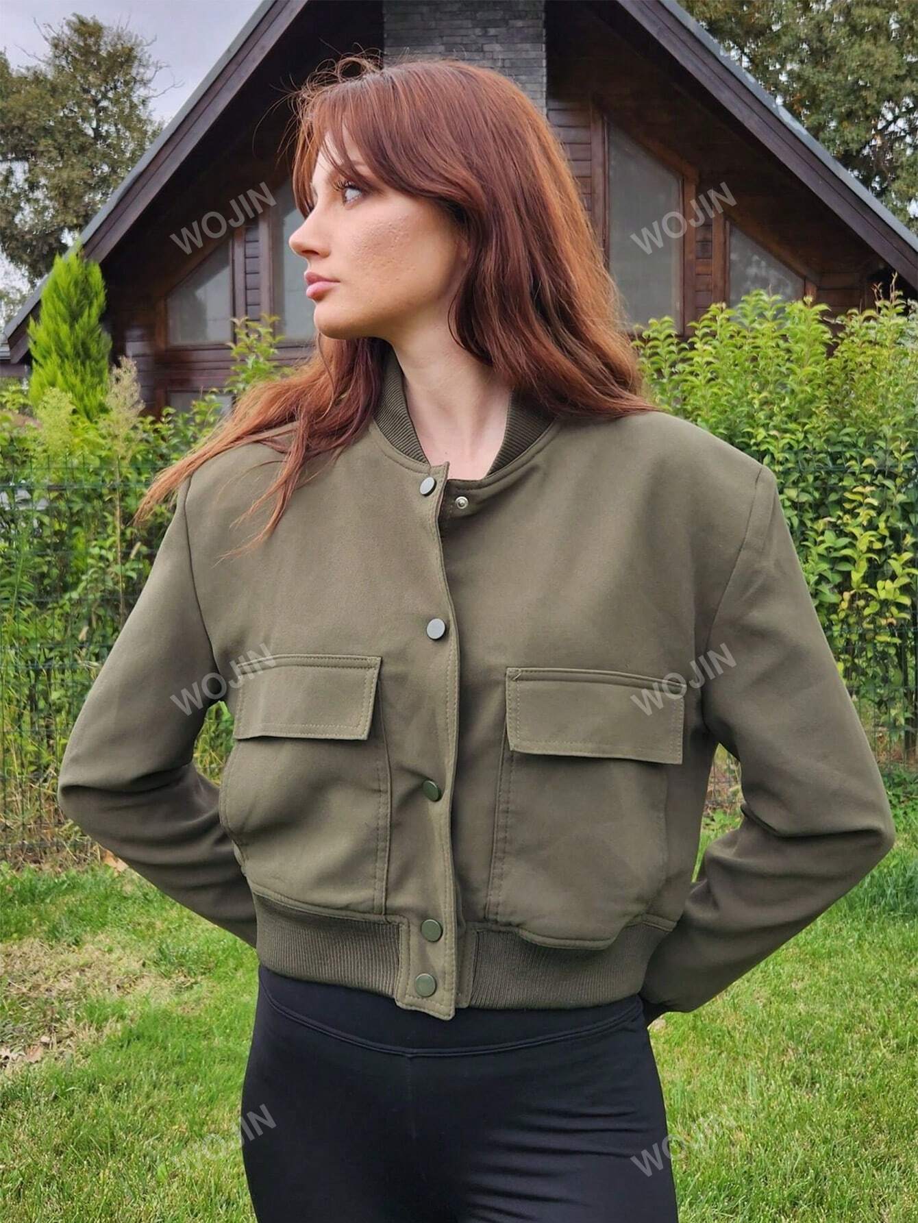 TRAFZA Women's Vintage Solid Color Jacket With Pockets, Buttons And Long Sleeves, Casual Autumn Flying Pilot Outerwear