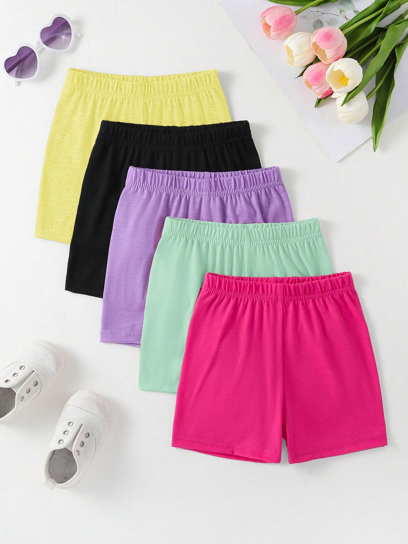 5pcs Young Girl Summer Outdoor Casual And Sports All-Match Shorts Set, Multi-Colored For Versatile Matching