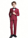 2pcs Back To School Tween Boy Suit Set Includes Suit Pants & Wine Red Jacket For Wedding & Formal Occasions