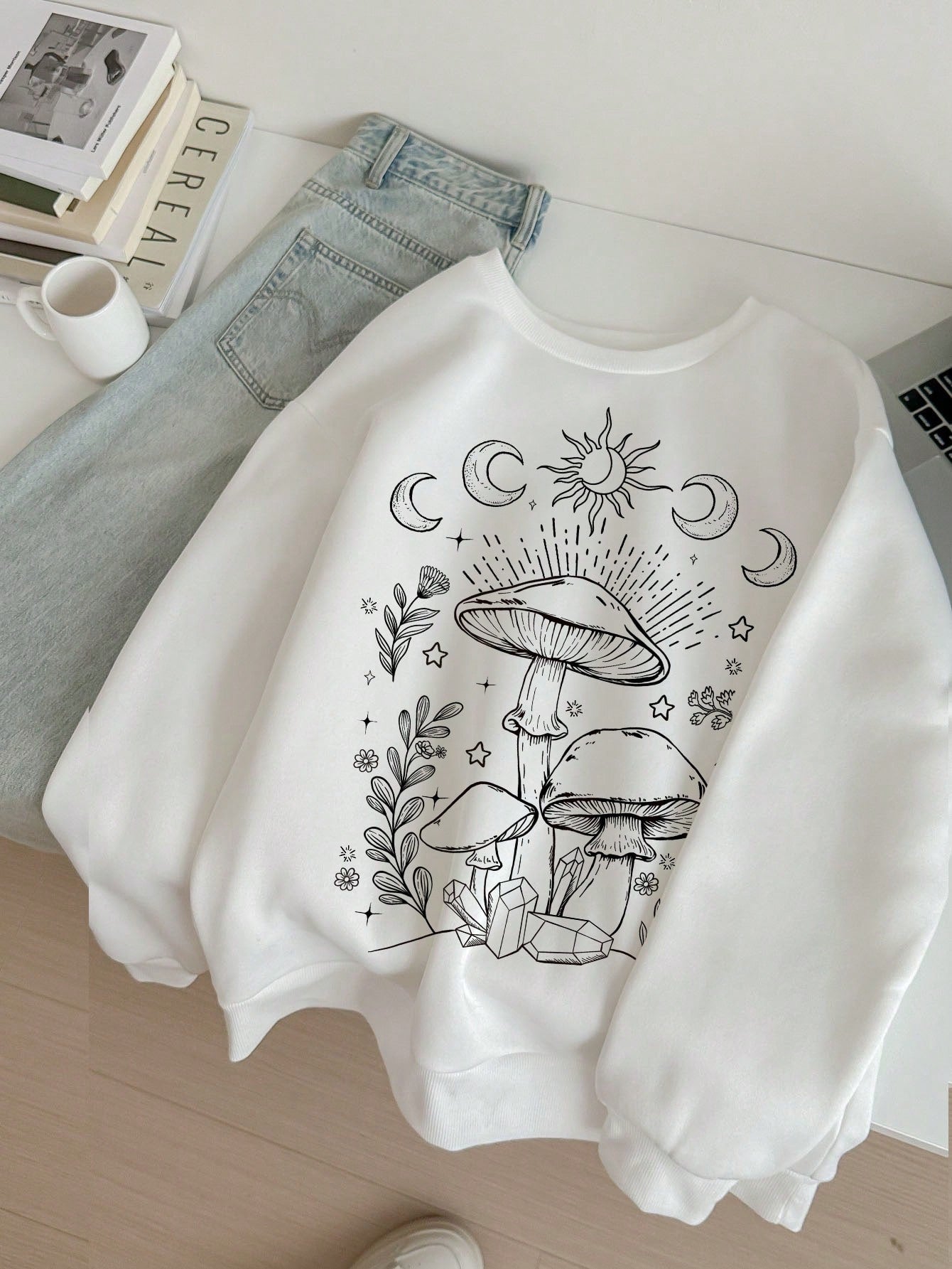 Casual Blue Star Print White Round Neck Long Sleeve Oversize Loose Women's Sweatshirt With Applique Each Star Is Unique And Shines Brightly Eternal Light