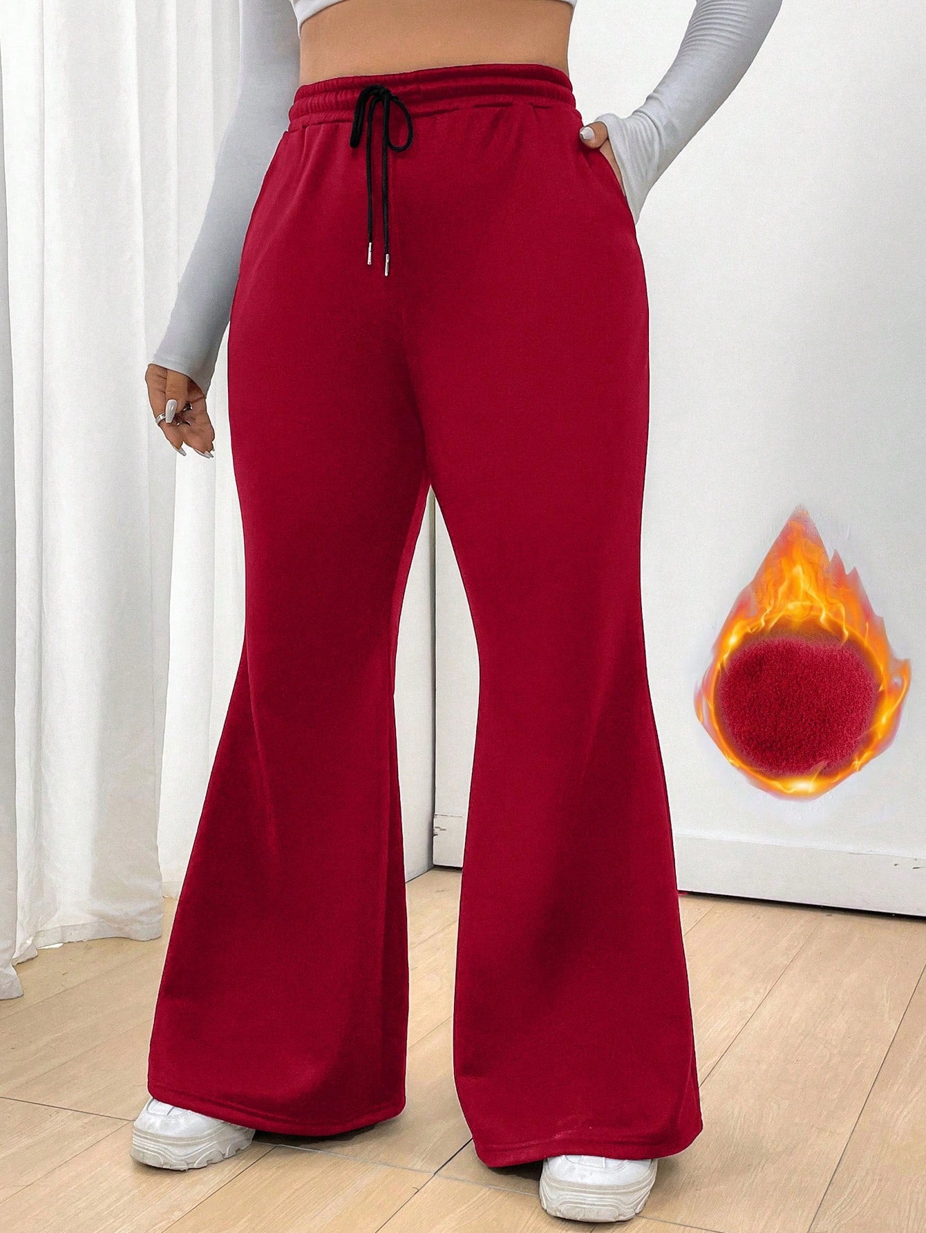 Plus Size Solid Color Drawstring Waist Flared Corduroy Pants With Fleece Lining