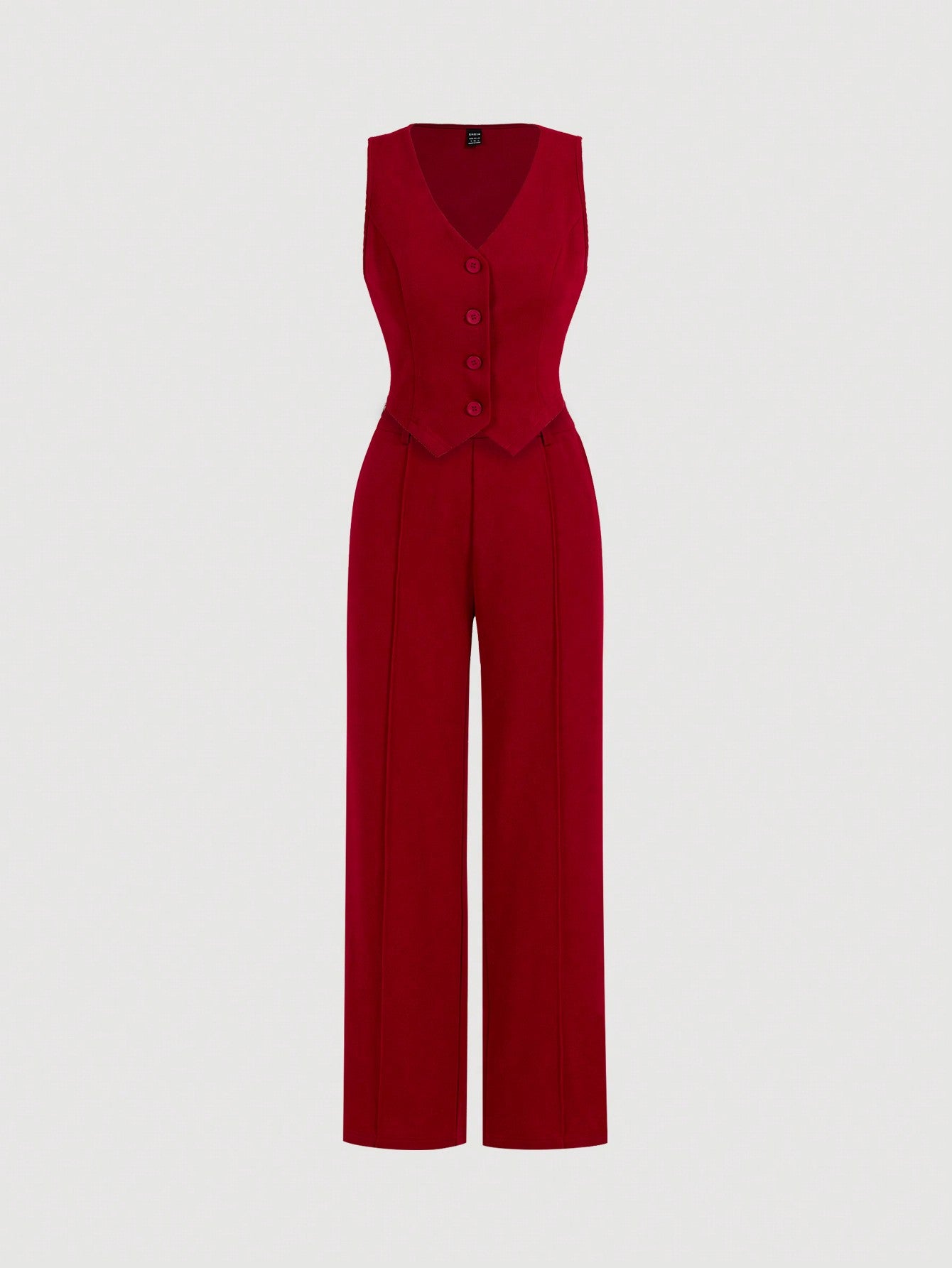 Black Date Night Front Buckle V-Shaped Hem Solid Button Front Vest Jacket & Seam Front Pants Two Piece Set