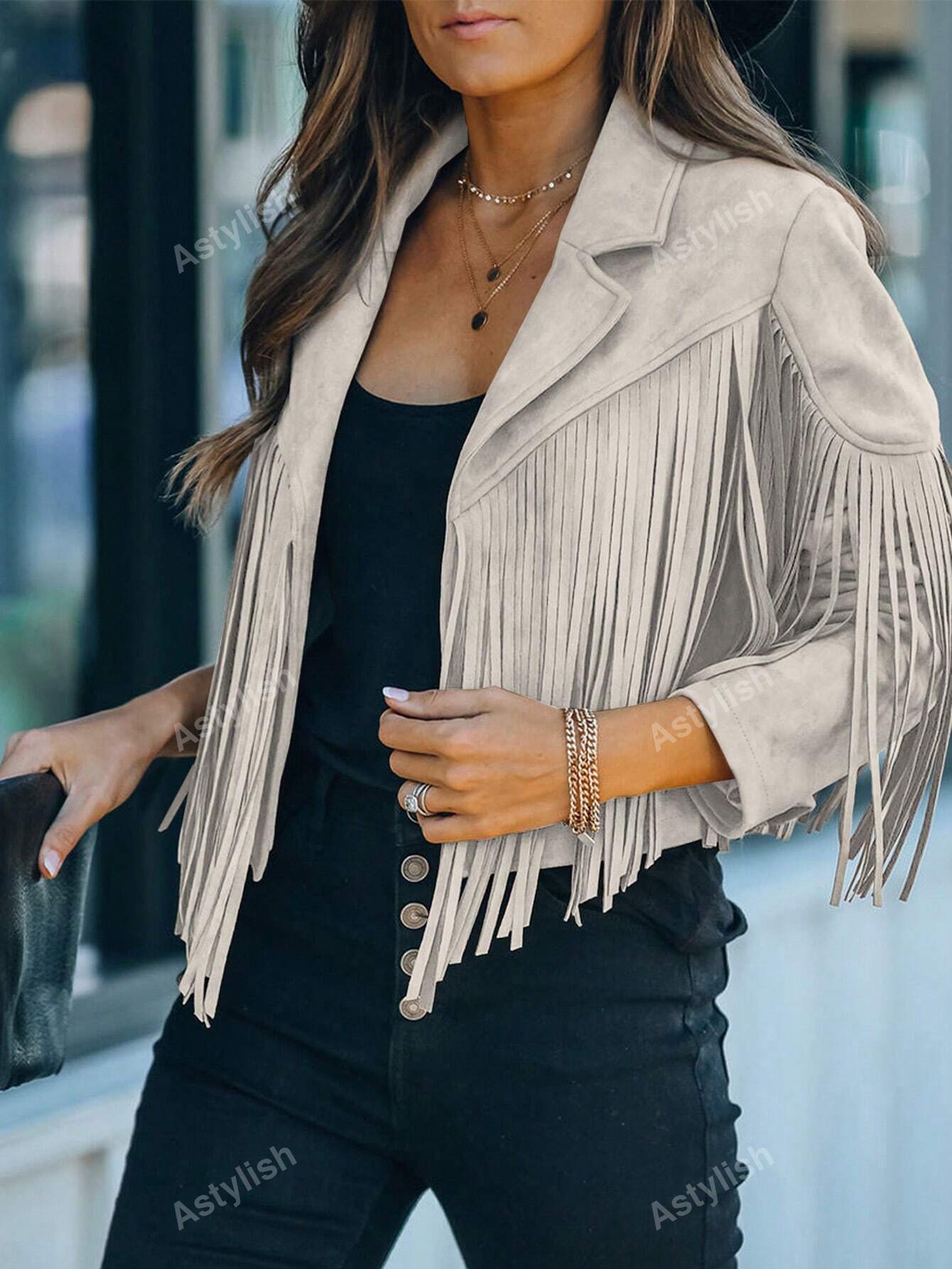 Astylish Women Long Sleeve Fringe Open Front Faux Suede Moto Jacket