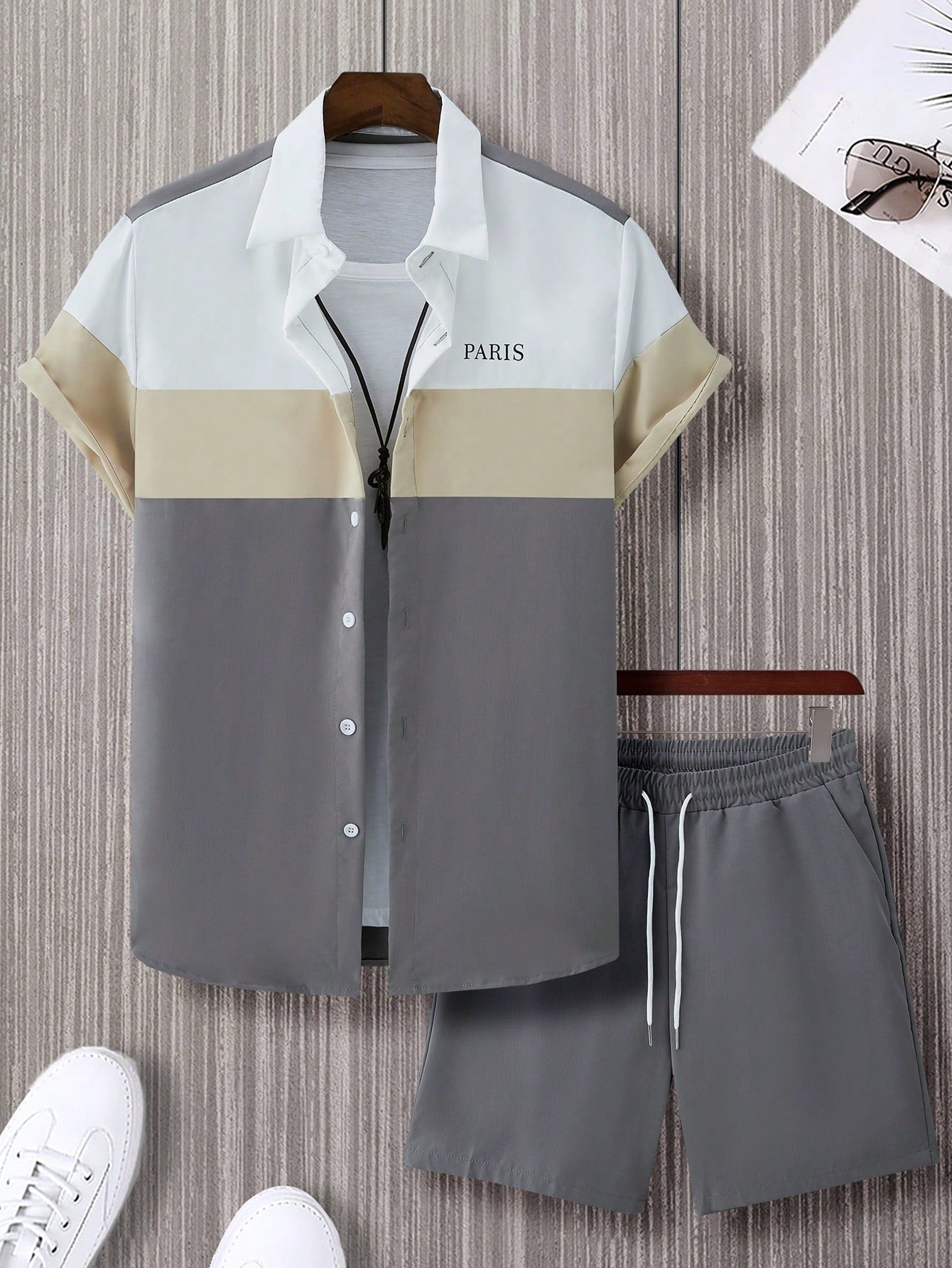 Plus Size Men's Color Block Letter Printed Short Sleeve Shirt And Drawstring Waist Shorts Casual Set, Summer