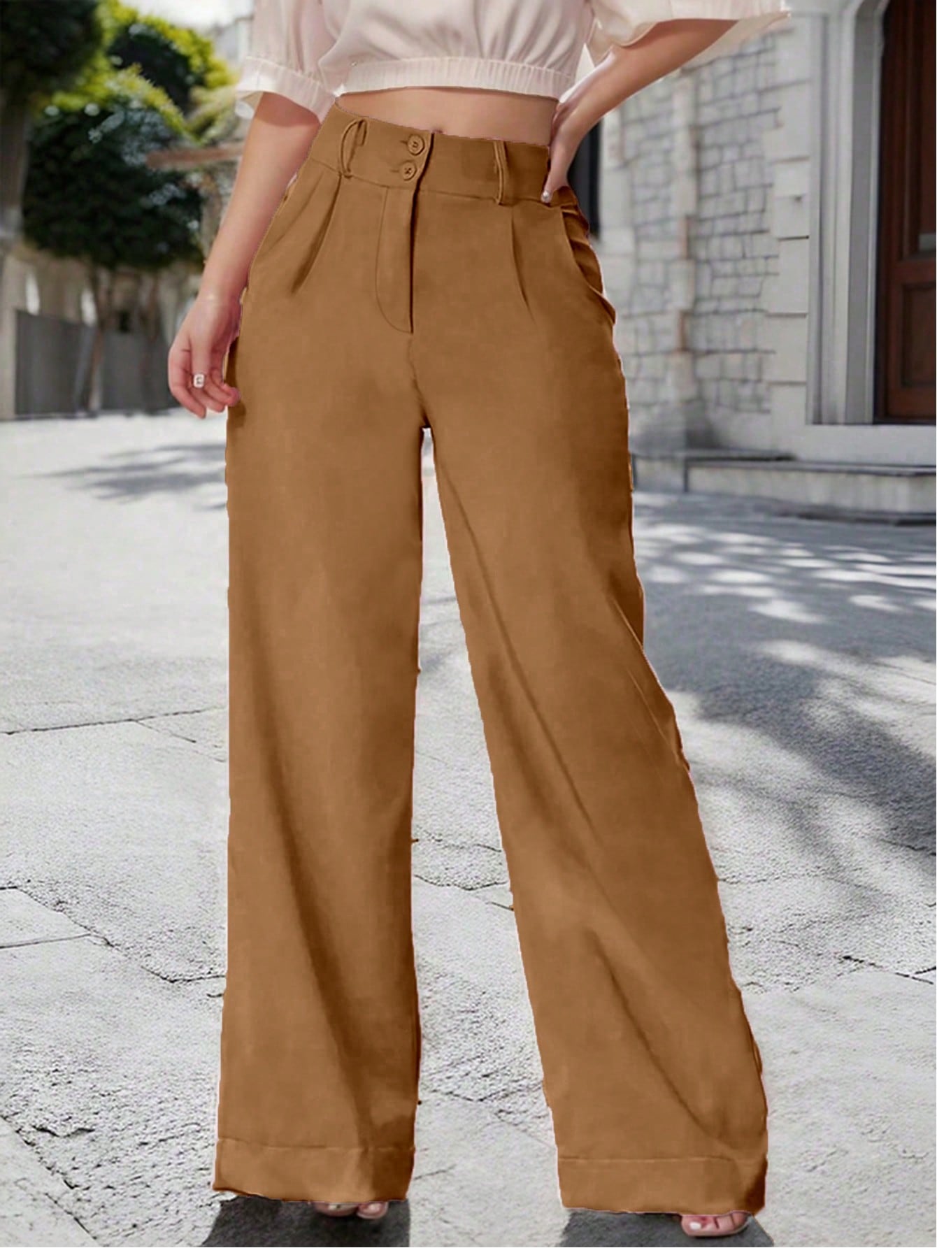Solid Color Pleated Wide Leg Pants With Diagonal Pockets