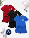 Young Boy Multicolor Knit Smile Face Print Round Neck T-Shirt And Sports Shorts 2pcs/Set Red/Black/Blue, Suitable For Summer