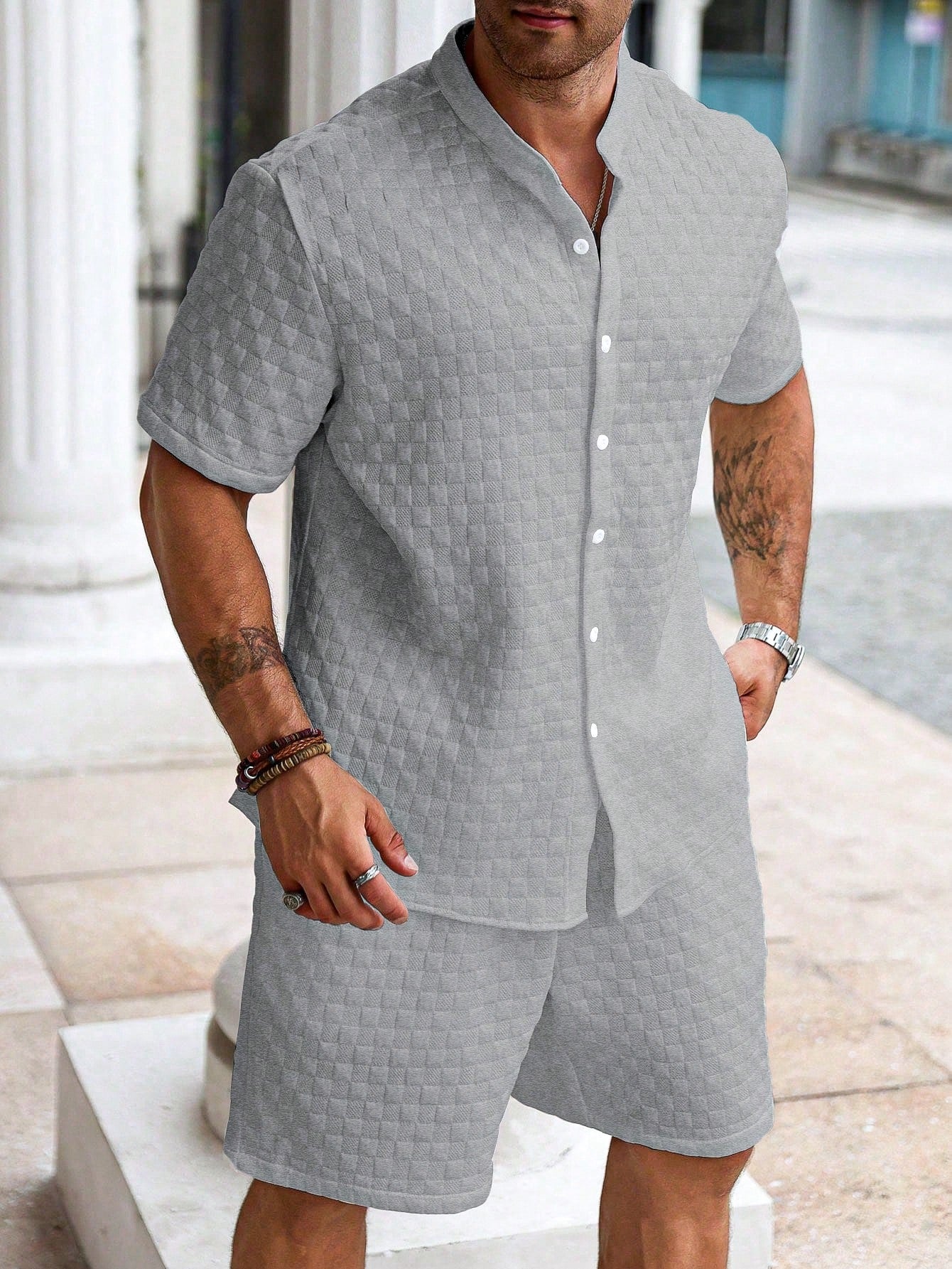 Men's Plus Size Summer Casual Solid Color Short Sleeve Shirt And Shorts Set