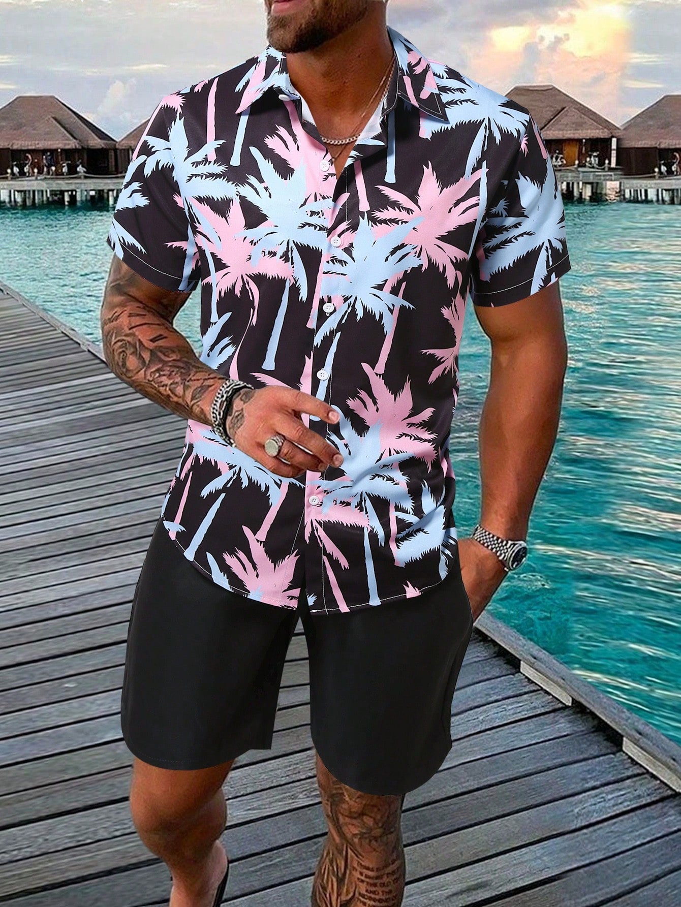 Men Tropical Print Shirt & Shorts
