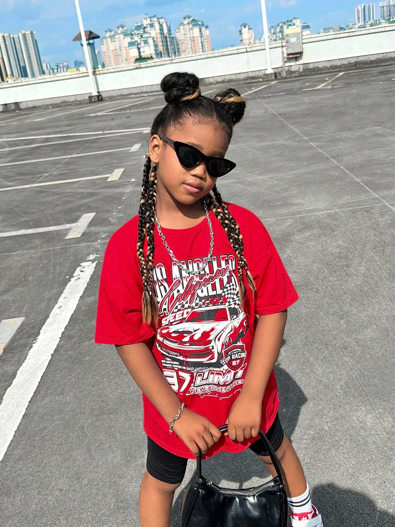 Tween Girl Loose Short Sleeve Car & Letter Print Drop Shoulder T-Shirt