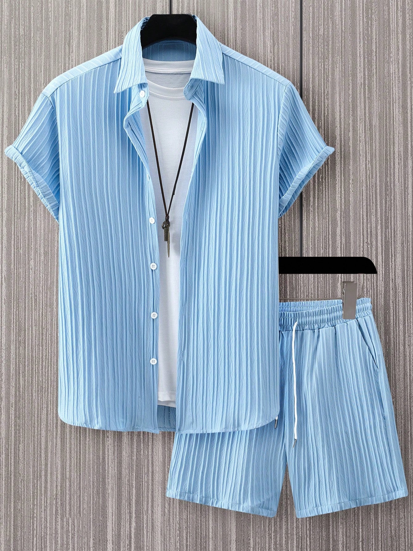 Men's Plus Size Vacation Casual Solid Color Short Sleeve Shirt And Shorts Set