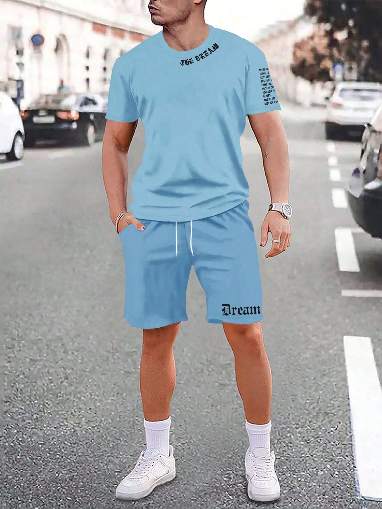 Men's Slogan Printed T-Shirt And Shorts Set