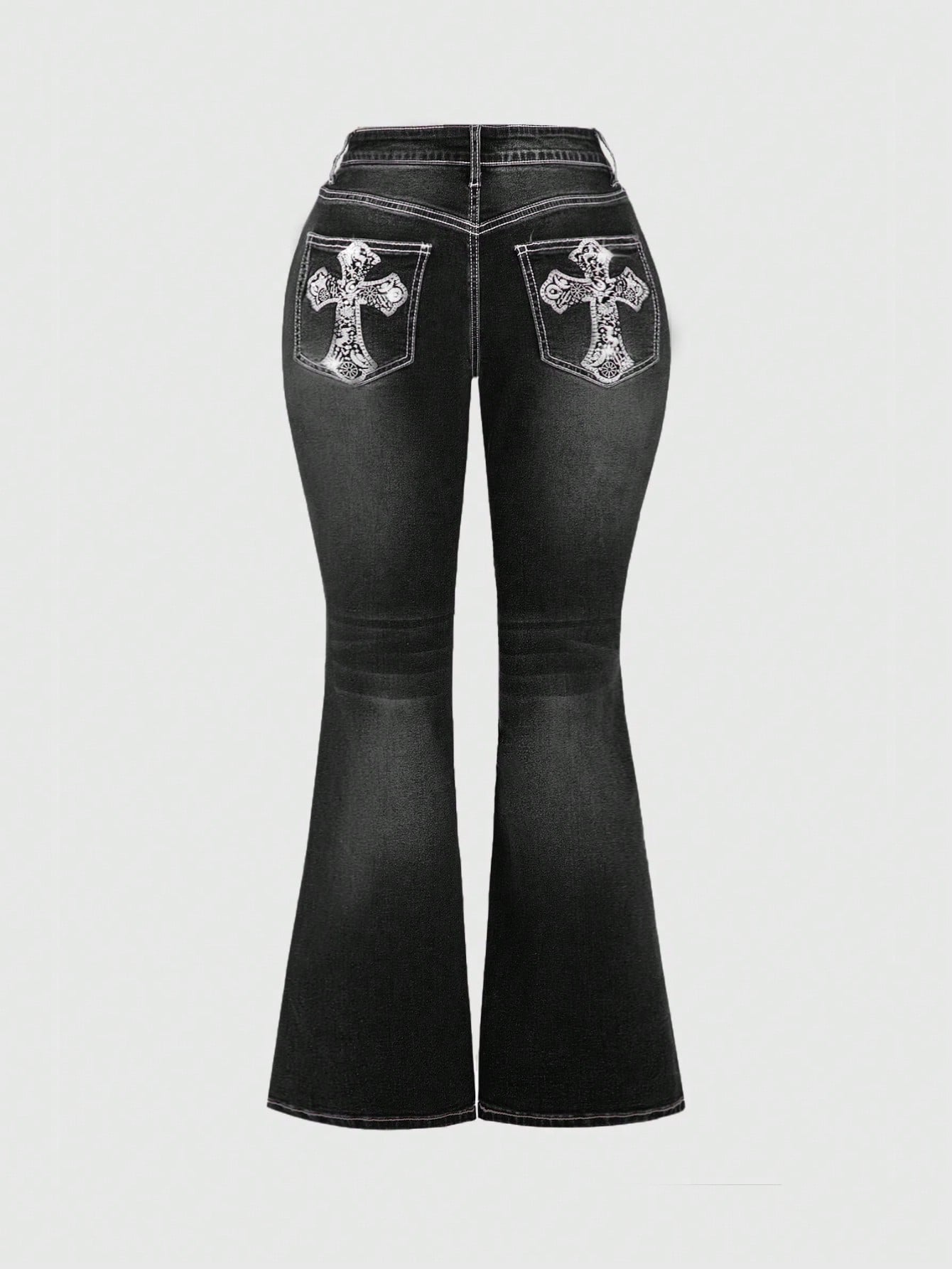 Punk Plus Size Women's Embroidered Cross Pocket Flared Casual Jeans, School