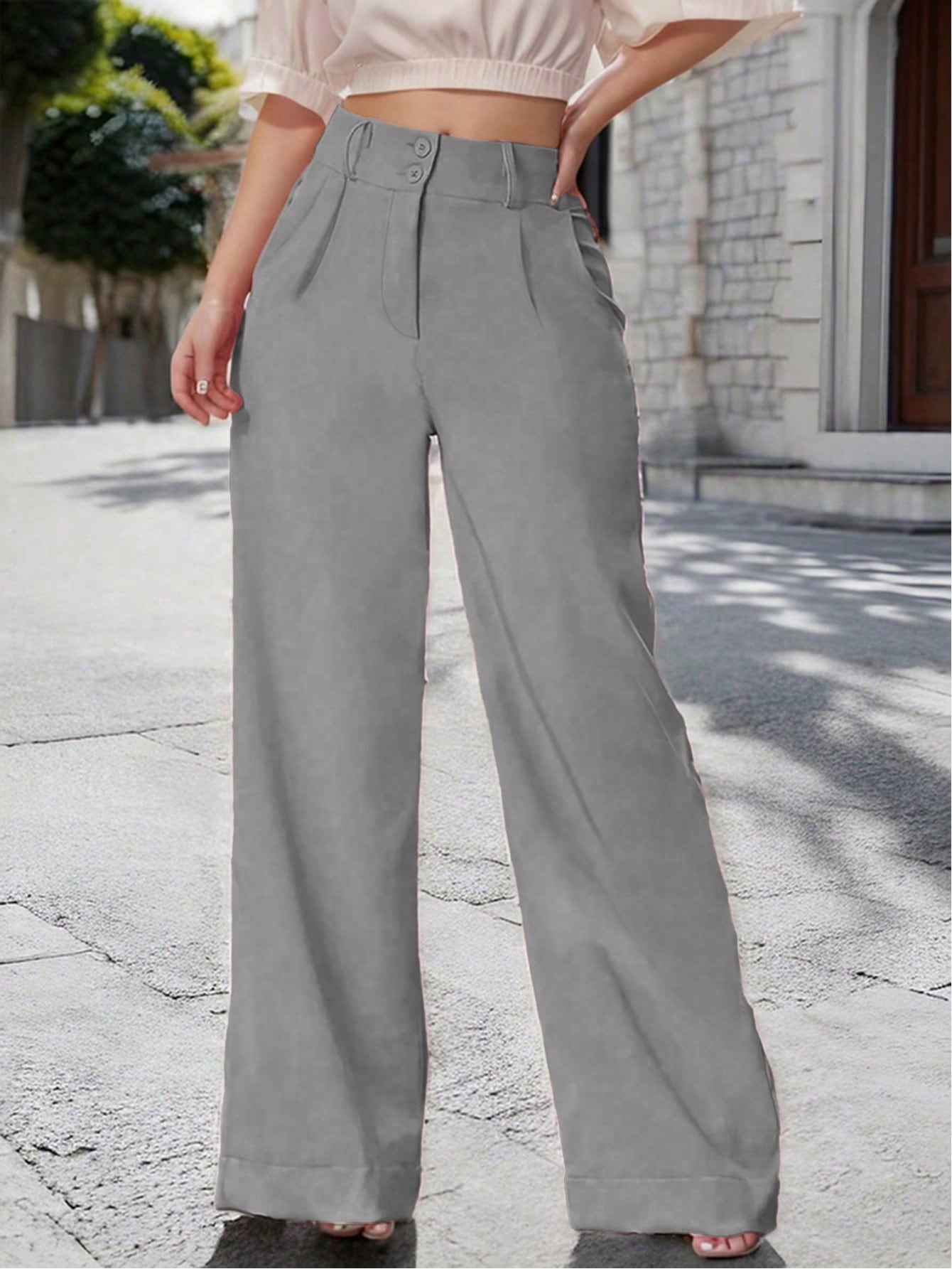 Solid Color Pleated Wide Leg Pants With Diagonal Pockets