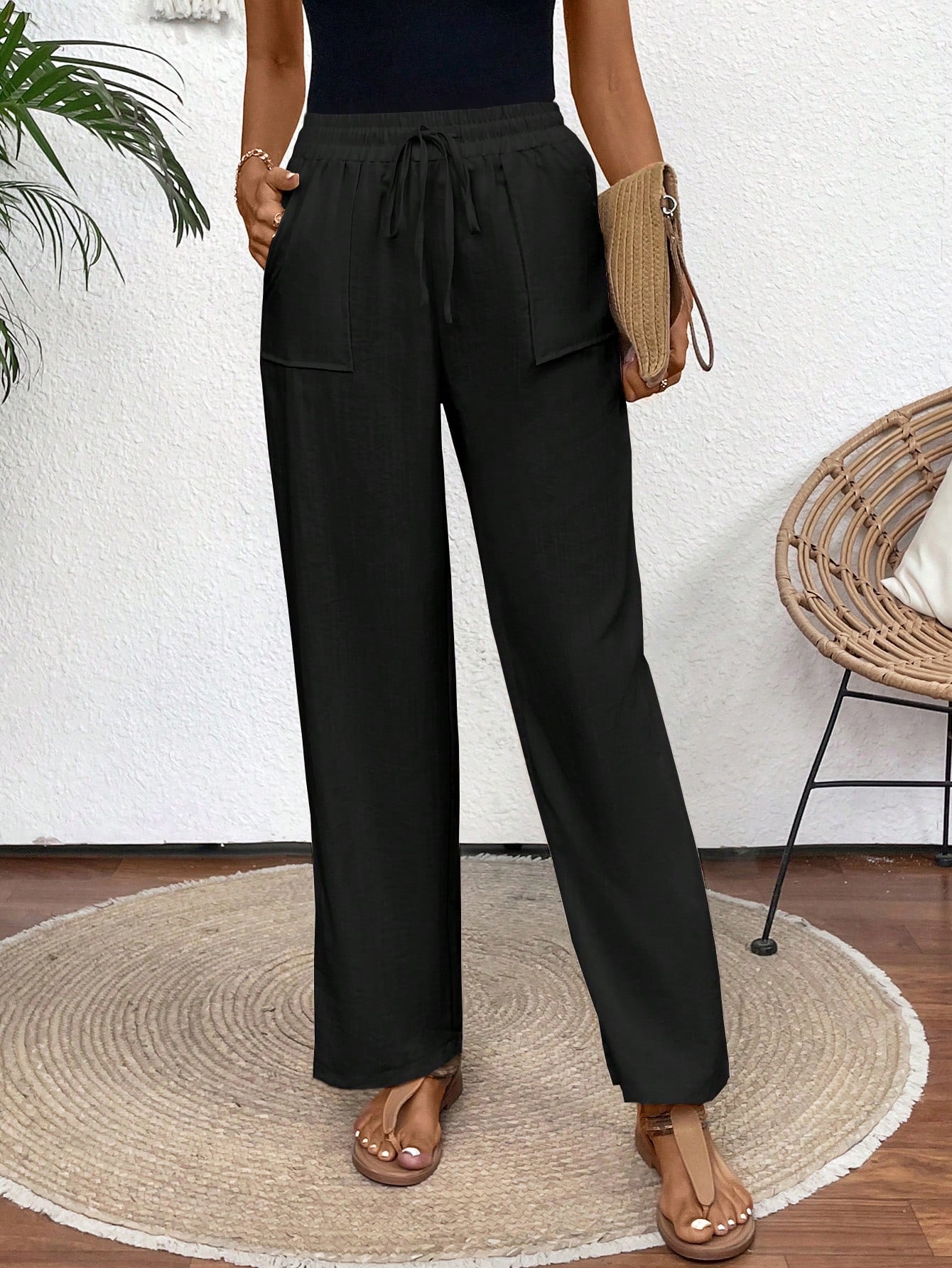 Casual High-Waisted Elastic Drawstring Straight Leg Pants