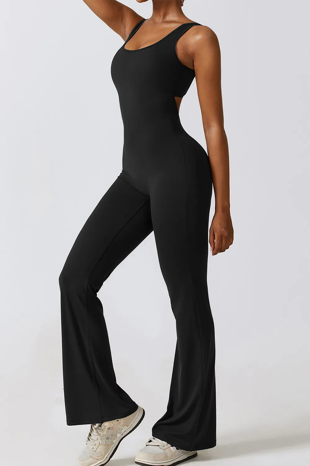 Basic Cutout Ruched Bootcut Sleeveless Active Jumpsuit