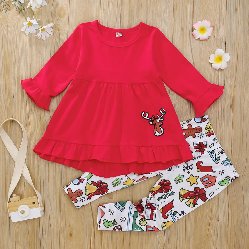 Kids Girl Graphic Dress and Printed Pants Set