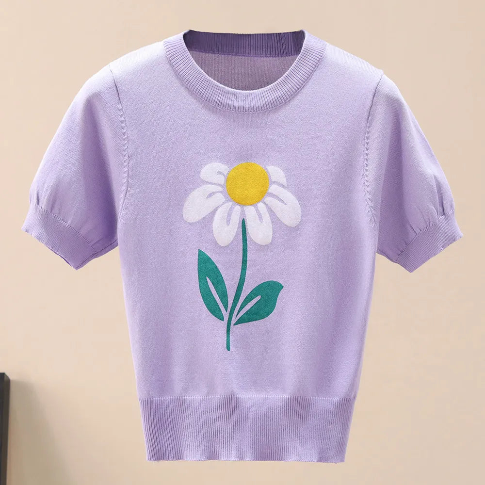 Flower Graphic Ribbed Trim Knit Top
