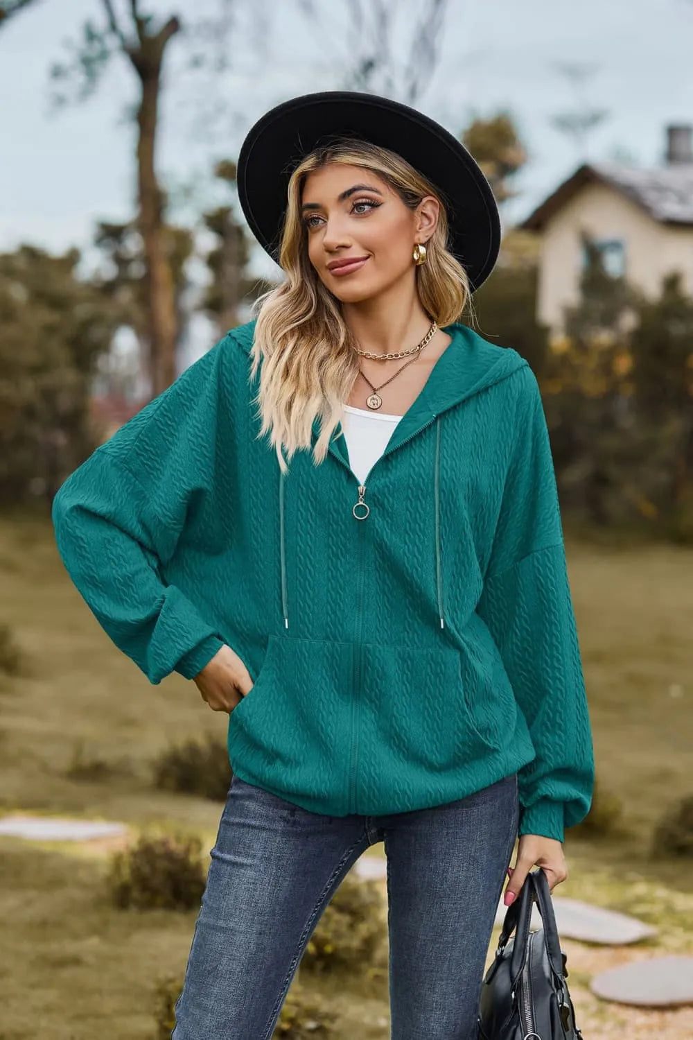 Cable-Knit Long Sleeve Hooded Jacket