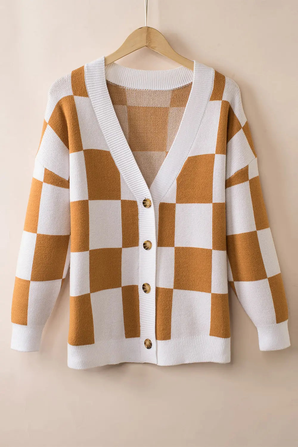 Checkered Button-Up Dropped Shoulder Cardigan